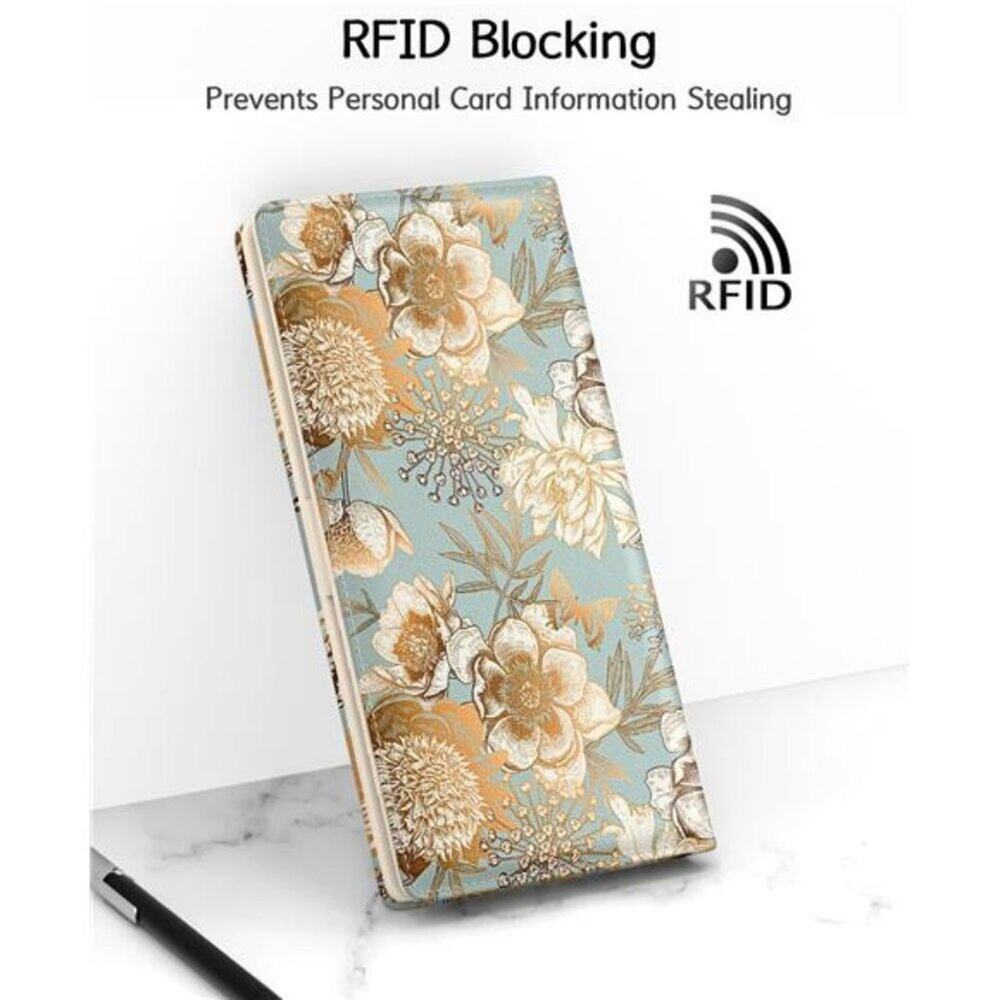 Women's Wallet, RFID Slim Wallets for women's Blue and Gold Flowers Desing - Picture 5 of 7
